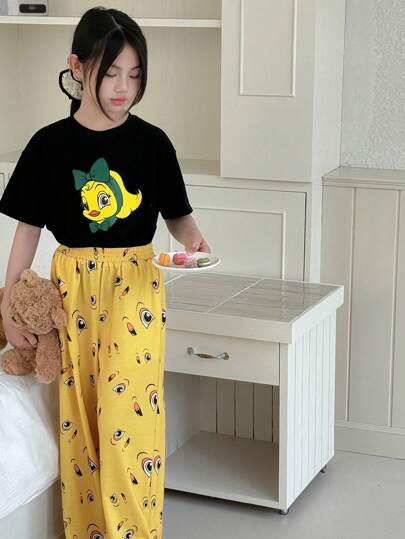 بيجاما DAZY بيجامة تتألف من تي شيرت أكمام قصيرة بياقة طاقم وبنطلون للبنات في مرحلة المراهقة المبكرة