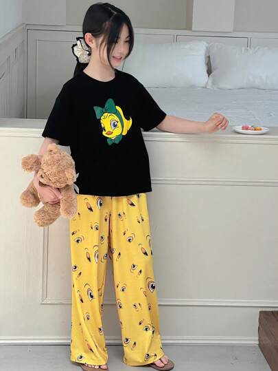 بيجاما DAZY بيجامة تتألف من تي شيرت أكمام قصيرة بياقة طاقم وبنطلون للبنات في مرحلة المراهقة المبكرة