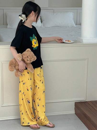 بيجاما DAZY بيجامة تتألف من تي شيرت أكمام قصيرة بياقة طاقم وبنطلون للبنات في مرحلة المراهقة المبكرة