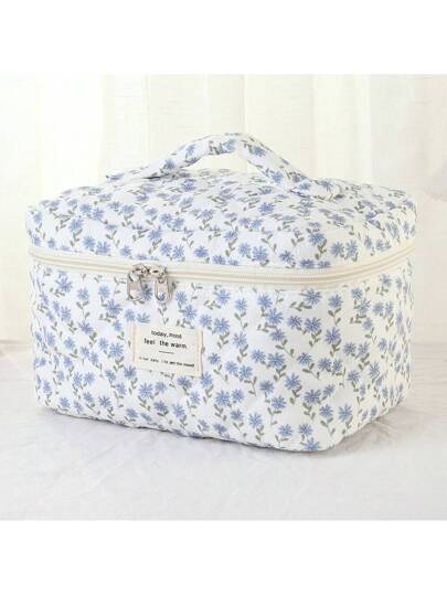 حقيبة مكياج صغيرة بسيطة جديدة ذات طبعة زهور زرقاء للتجميل، مستلزمات تواليت، أشياء صغيرة، منظم سفر خفيف الوزن عالي التعدد لاستخدامات اليوم اليومي والمكتب والمدرسة والسفر، هدية عيد ميلاد وأعياد متجدد ذات سعة كبيرة وأنواع ملحقات متعددة