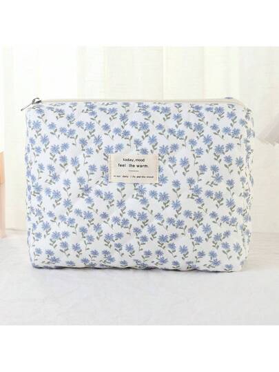 حقيبة مكياج صغيرة بسيطة جديدة ذات طبعة زهور زرقاء للتجميل، مستلزمات تواليت، أشياء صغيرة، منظم سفر خفيف الوزن عالي التعدد لاستخدامات اليوم اليومي والمكتب والمدرسة والسفر، هدية عيد ميلاد وأعياد متجدد ذات سعة كبيرة وأنواع ملحقات متعددة