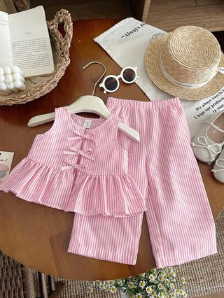 SHEIN طقم بناتي صيفي يتكون من قميص مزين بفيونكة مخطط وبنطلون خصر مطاطي قطعتان