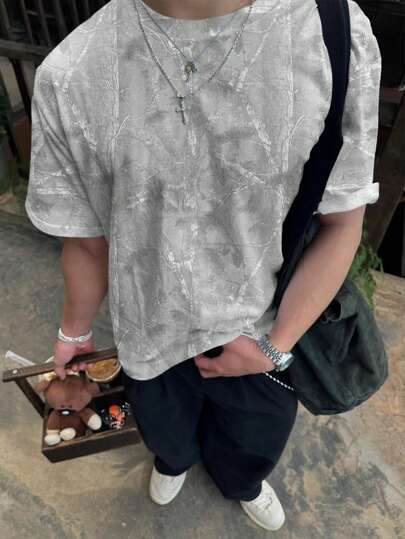 Manfinity Dauomo تي شيرت رجالي بطبعة أغصان بياقة دائرية وأكمام قصيرة متعدد الاستخدامات