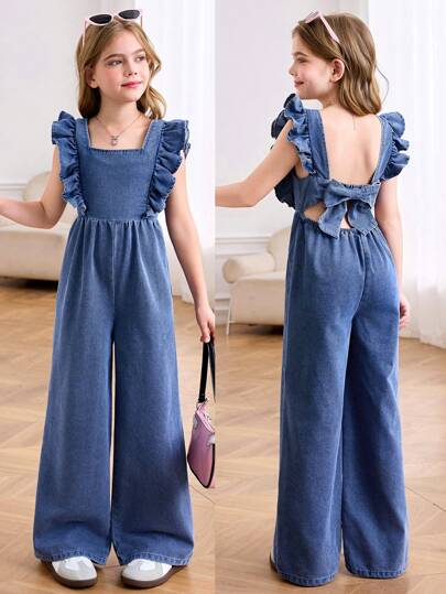 مايوه حريمي قطعة واحدة بدلة قصيرة بدون أكمام ظهر مفتوح مع فرد وكشكشة وعقدة للفتيات المراهقات، بأسلوب وتركيبة كاجوال مناسبة للربيع والصيف، ملابس كاجوال للشاطئ والعطلات والمناسبات الحضرية والمهرجانات والحفلات