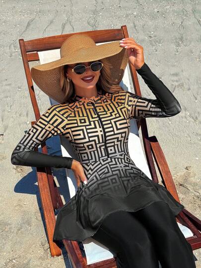 Swim Shayni مجموعة من قطعتين ملابس علوية أكمام طويلة مطبوع بتدرج اللون والسروال ذو سوستة أمامية، طراز عباءة