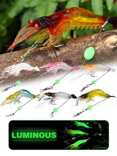 SOUGAYILANG 7 قطع من طعوم السمك الناعمة المشعة الضوئية شبيهة بالجمبري مع خطاف ومحور وخرز، مناسبة للصيد البحري والمياه العذبة، طعوم سمك ناعمة، طعم دودة جمبري اصطناعي مضيئ، أساسي لأدوات صيد العائلة