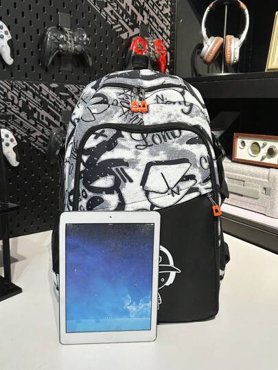 حقيبة ظهر ذات سعة كبيرة بنقش الجرافيتي قطعة واحدة، حقيبة مدرسية كاجوال عصرية مناسبة للجامعة والسفر والأنشطة الخارجية، متعددة المواسم، مناسبة للجنسين