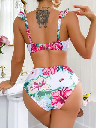 طقم تانكيني حريمي Swim DD+ طقم بكيني تانكيني بتصميم رقبة مُلفوف وزخرفة كشكشة بطبعات نباتية للنساء