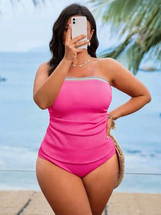 Swim Lushoire بدلة سباحة لون أوسيعة المقاسات من النساء ذات عنق عالي وباندو وردي الكتل اللونية، مخنق وأنيق للوجهة الشاطئية والإجازة