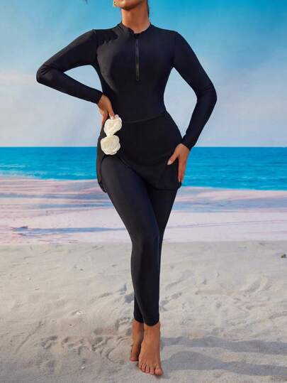 Swim Mulvari طقم بوركيني إسلامي أنيق بتصميم رومانسي وزهري ذا أكمام طويلة وتغطية كاملة، مكون من 3 قطع بما في ذلك الفستان الطويل والبنطلون