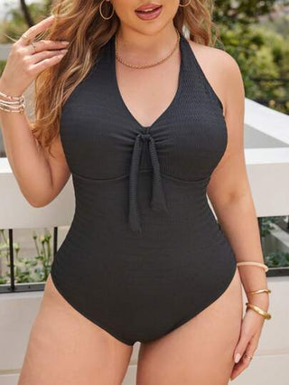 Swim Lushoire بدلة سباحة قطعة واحدة ذات رقبة خالية للنساء بمقاسات كبيرة باللون الأسود، من نسيج فريد وكاجوال مناسبة للشاطئ
