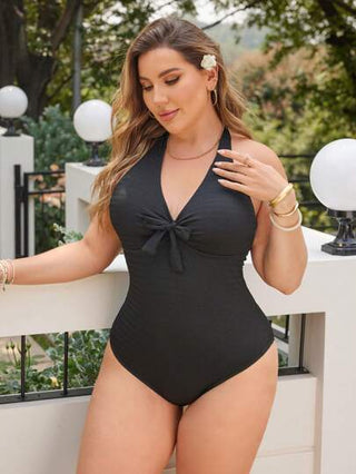 Swim Lushoire بدلة سباحة قطعة واحدة ذات رقبة خالية للنساء بمقاسات كبيرة باللون الأسود، من نسيج فريد وكاجوال مناسبة للشاطئ