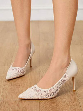 CUCCOO HITCHD أحذية زفاف برقبة مدببة وكعب رفيع من الدانتيل والشبك باللون اللوزي، أحذية نسائية أنيقة قابلة للتنفس وذات كعب عالٍ