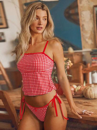 طقم تانكيني حريمي Swim Mod بيكيني فتاة كيوت قطعتين ذو لوحة ألوان مربعات الطراز الكلاسيكي