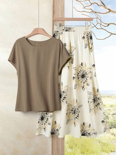Rusticease مجموعة 2 قطعة تتكون من ملابس علوية أكمام خفيفة اللون الأساسي وتنورة مطبوعة بنقوش الزهور، ملابس نسائية 2 قطع مناسبة للصيف