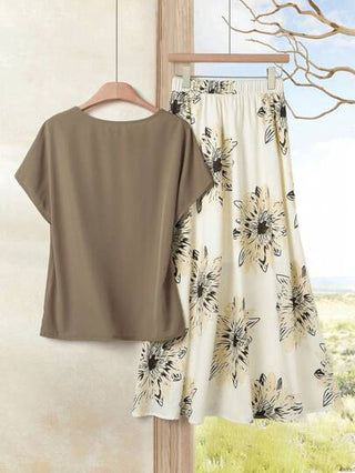 Rusticease مجموعة 2 قطعة تتكون من ملابس علوية أكمام خفيفة اللون الأساسي وتنورة مطبوعة بنقوش الزهور، ملابس نسائية 2 قطع مناسبة للصيف