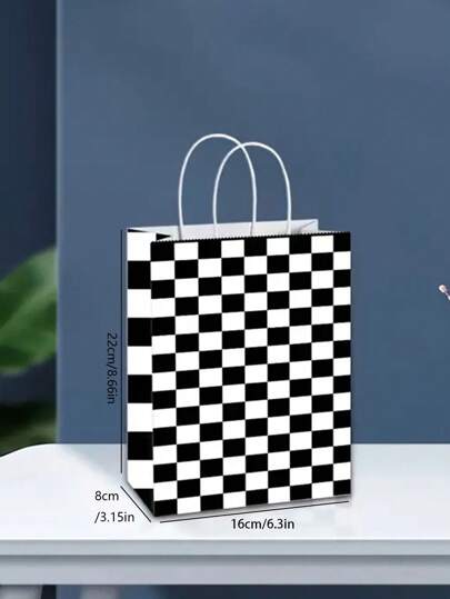 6 قطع حقيبة حلوى سباق شطرنج - سوداء وبيضاء - بمقابض - هدايا للحفلات ذات موضوع سيارات السباق عيد الميلاد ، أكياس هدايا قماشية محايدة الجنس للحرف اليدوية