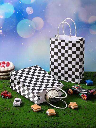 6 قطع حقيبة حلوى سباق شطرنج - سوداء وبيضاء - بمقابض - هدايا للحفلات ذات موضوع سيارات السباق عيد الميلاد ، أكياس هدايا قماشية محايدة الجنس للحرف اليدوية