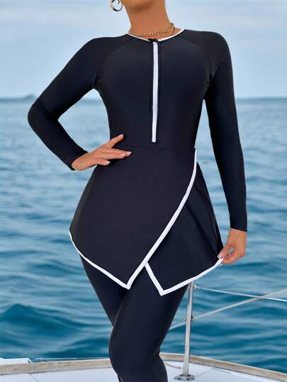 Swim Shayni 2 قطعة طقم بوركيني أنيق وكاجوال للمرأة للربيع/الصيف، للحفلات والشاطئ، باللون الأسود مع تطريز أبيض، تنورة مقطعة على شكل V مع سوستة أمامية في السروال