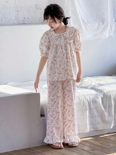 بيجاما مجموعة بيجاما مريحة مكونة من 2 قطعة، ملابس علوية به أكمام منتفخة وياقة بولو مطبوع بزهور دائرية وسروال ساق مستقيم مخصصة للفتيات المراهقات