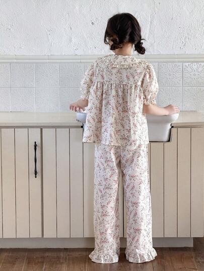 بيجاما مجموعة بيجاما مريحة مكونة من 2 قطعة، ملابس علوية به أكمام منتفخة وياقة بولو مطبوع بزهور دائرية وسروال ساق مستقيم مخصصة للفتيات المراهقات