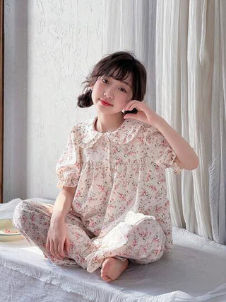 بيجاما مجموعة بيجاما مريحة مكونة من 2 قطعة، ملابس علوية به أكمام منتفخة وياقة بولو مطبوع بزهور دائرية وسروال ساق مستقيم مخصصة للفتيات المراهقات