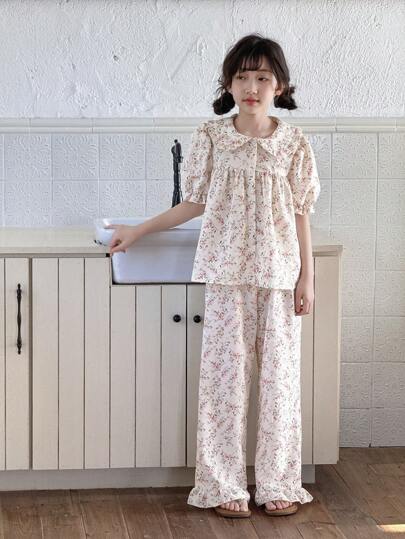 بيجاما مجموعة بيجاما مريحة مكونة من 2 قطعة، ملابس علوية به أكمام منتفخة وياقة بولو مطبوع بزهور دائرية وسروال ساق مستقيم مخصصة للفتيات المراهقات