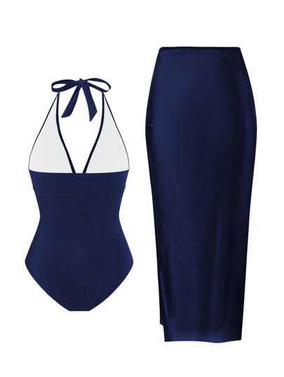 Swim Oasis جزء واحد بذلة سباحة صلبة اللون مزينة معدنية مع غطاء، بسيطة وعادية للنساء، مناسبة للأجازات الشاطئية في الصيف