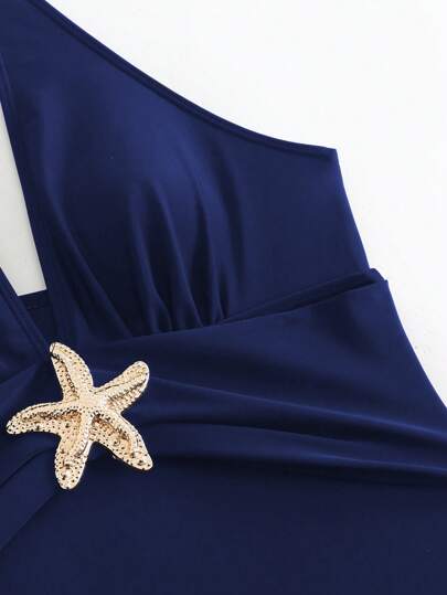 Swim Oasis جزء واحد بذلة سباحة صلبة اللون مزينة معدنية مع غطاء، بسيطة وعادية للنساء، مناسبة للأجازات الشاطئية في الصيف