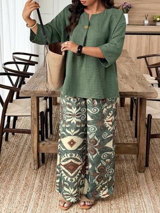 Weeklong مجموعة ملابس علوية أكمام طويلة و سراويل ذات لون أحادي للمقاسات الكبيرة 2 قطعة/طقم