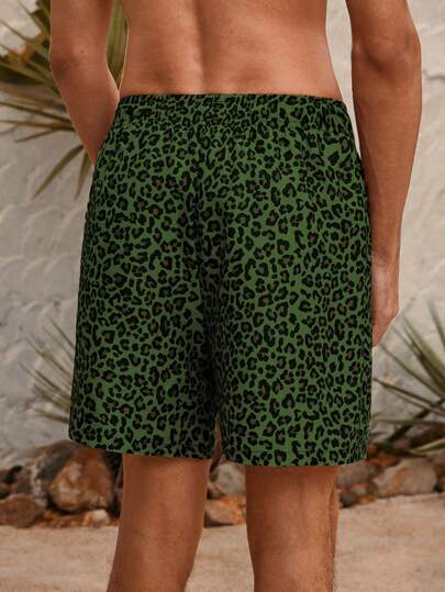 Manfinity VDAYZ شورتات بحر للرجال بخصر قابل للسحب وجيب بطبعة نمر، مناسبة للصيف