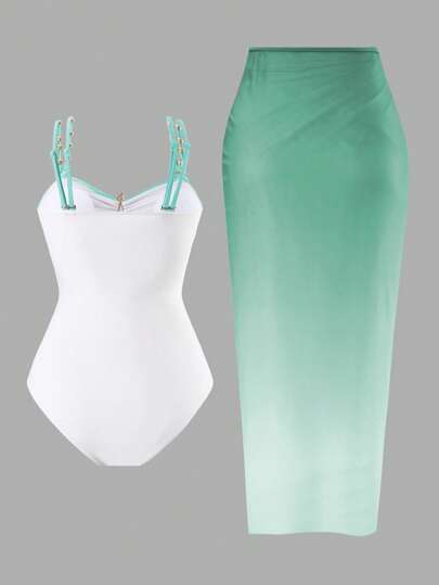 Swim Oasis فستان سباحة مزين بنجمة البحر المعدنية للسيدات ذات الحجم الكبير 1 قطعة/ 2 قطعة لارتداء اليومي خلال صيف العطلات والشاطئ