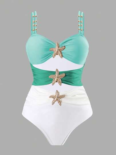 Swim Oasis فستان سباحة مزين بنجمة البحر المعدنية للسيدات ذات الحجم الكبير 1 قطعة/ 2 قطعة لارتداء اليومي خلال صيف العطلات والشاطئ