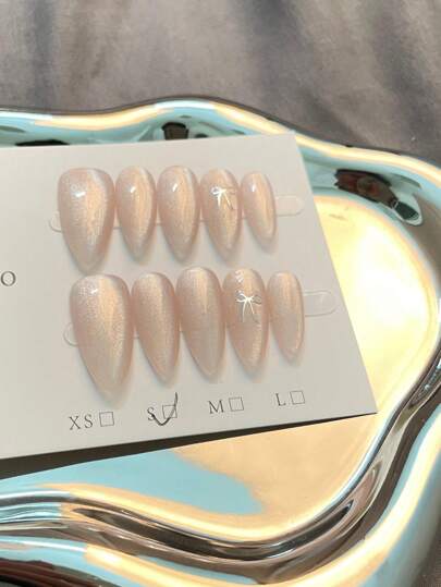 10 قطع أظافر وردي عاري باللوز الشكل للضغط عليها ذات طلاء ذو لمعان حريري وتصاميم فراشات ثلاثية الأبعاد - طول متوسط، تصميم بسيط للمظهر الراقي