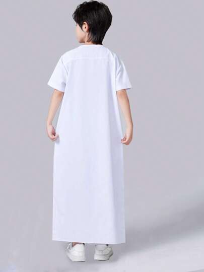 كاب ذو لون واحد أكمام قصيرة فضفاض مزود بسحاب للفتيان المراهقين