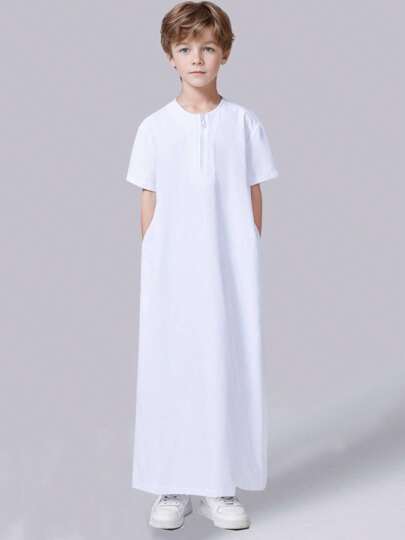 كاب ذو لون واحد أكمام قصيرة فضفاض مزود بسحاب للفتيان المراهقين