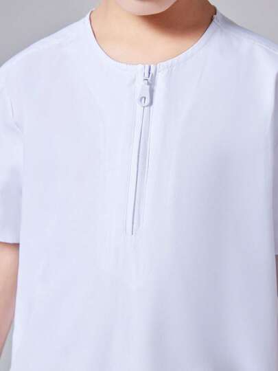 كاب ذو لون واحد أكمام قصيرة فضفاض مزود بسحاب للفتيان المراهقين