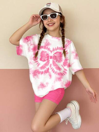 girls-sets مجموعة تي شيرت قصير الأكمام فضفاض وشورت بتصميم ربطة قبعة متموج للبنات المراهقات، صيفي، 2 قطعة/المجموعة