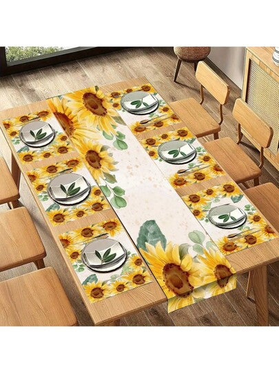 1قطعة/5قطع/7قطع ديكور منزلي، مفرش طاولة مطبوع بنمط عباد الشمس، المادة بوليستر مع 6 مفروشات طاولة - ألياف بوليستر، شكل مستطيل، قماش مفرش طاولة العيد، ديكور المنزل، ديكور طاولة المطبخ والمائدة، ديكور الغرفة، مفرش طاولة