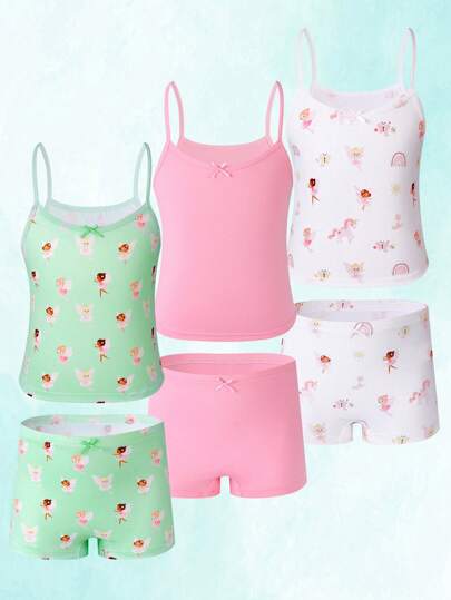 مجموعة 6 قطع من ملابس داخلية لليافعات مطبوعة بكامل السطح بنقوش فراشات وزهور وحصان وحيد القرن، لطيف، مريح وناعم