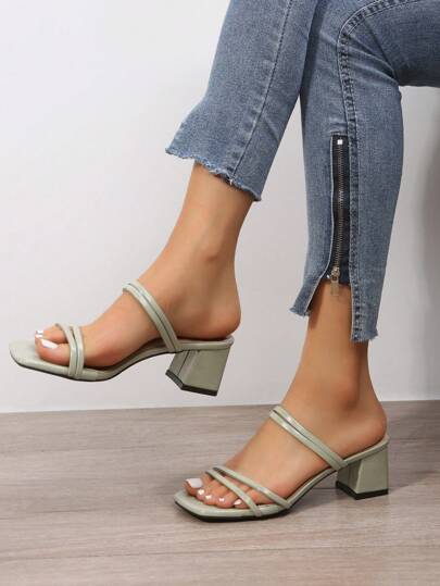 صندل نسائي بسيور جلد اصطناعي، موضة صيفية جديدة بكعب سميك، أحذية خارجية كورية، لون أسود