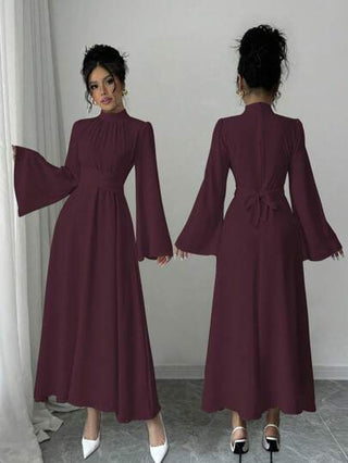 فساتين حريمي Rafferiza فستان طويل أنثوي بتصميم لون أحادي، طويل الأكمام، ياقة عالية، منمنم، للاستخدام اليومي الكاجوال، طويل لإطلالة ماكسي للنساء