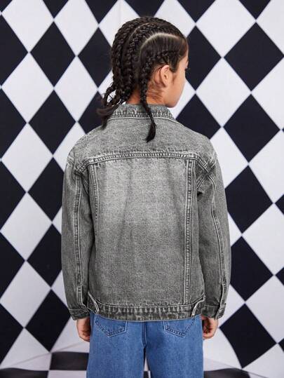 جاكيت جينز كم طويل بجيب أمامي لون سادة للصبي المراهق