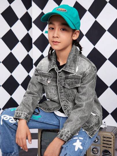 جاكيت جينز كم طويل بجيب أمامي لون سادة للصبي المراهق