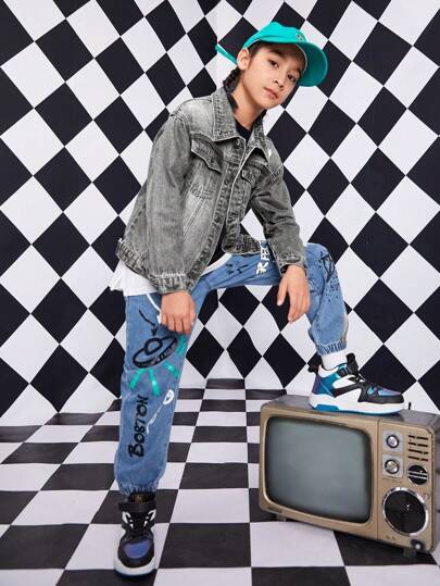 جاكيت جينز كم طويل بجيب أمامي لون سادة للصبي المراهق