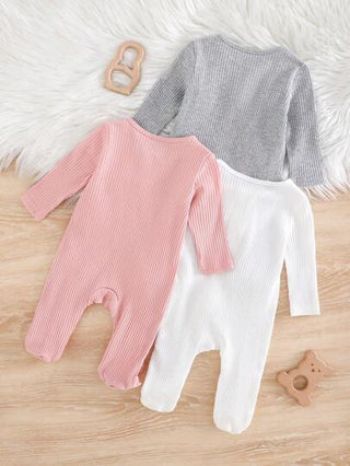 SHEIN 3 مجموعات رومبير وبيجامة نوم للطفل حديث الولادة بأكمام طويلة, بسحاب أمامي، محبوكة بالنسيج المرن