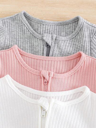 SHEIN 3 مجموعات رومبير وبيجامة نوم للطفل حديث الولادة بأكمام طويلة, بسحاب أمامي، محبوكة بالنسيج المرن