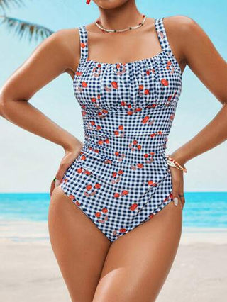 مايوه حريمي قطعة واحدة Swim Mod قطعة واحدة من ملابس السباحة نسائية ذات طبعة الكشمير والكرز مع حزام كشكشة