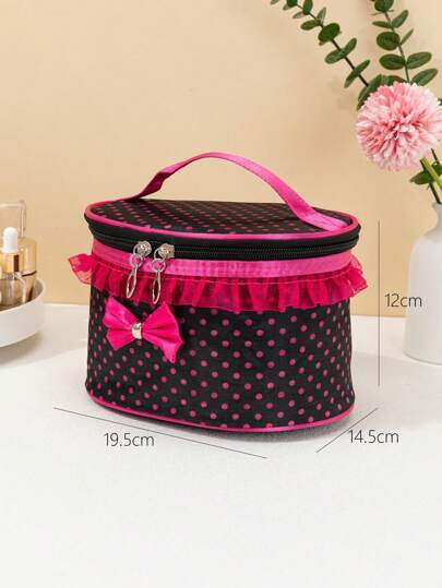 حقيبة مستحضرات التجميل قطعة واحدة من القماش ذات نقشة نقاط ورد أحمر، سعة كبيرة مع فيونكة، حقيبة أنيقة متعددة الوظائف مثالية للمنزل والسفر والطلاب والتخرج وعيد الأم وعيد الشكر، منظم ضروريات السفر ومستلزمات التجميل وأزرار زيبر