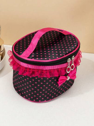 حقيبة مستحضرات التجميل قطعة واحدة من القماش ذات نقشة نقاط ورد أحمر، سعة كبيرة مع فيونكة، حقيبة أنيقة متعددة الوظائف مثالية للمنزل والسفر والطلاب والتخرج وعيد الأم وعيد الشكر، منظم ضروريات السفر ومستلزمات التجميل وأزرار زيبر